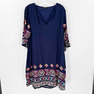 Renee C. Navy Blue Midi Dress with Multicolor Geometric Pattern